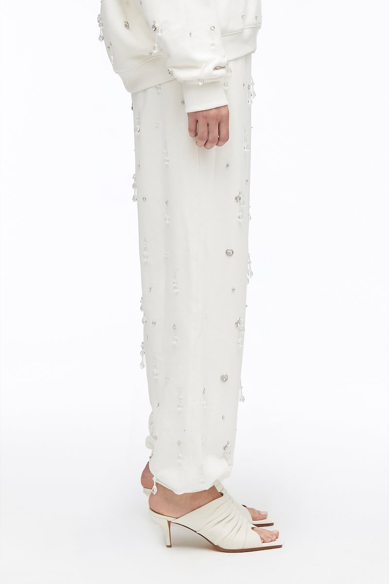 Drip Embellished Compact French Terry Sweatpant-white #0 Drip Embellished Compact French Terry Sweatpant, drop-embellished Terry track trousers from 3.1 PHILLIP LIM featuring cotton, crystal embellishment, gemstone detailing, high waist, elasticated waistband, straight leg, elasticated ankles and antique white.- 2