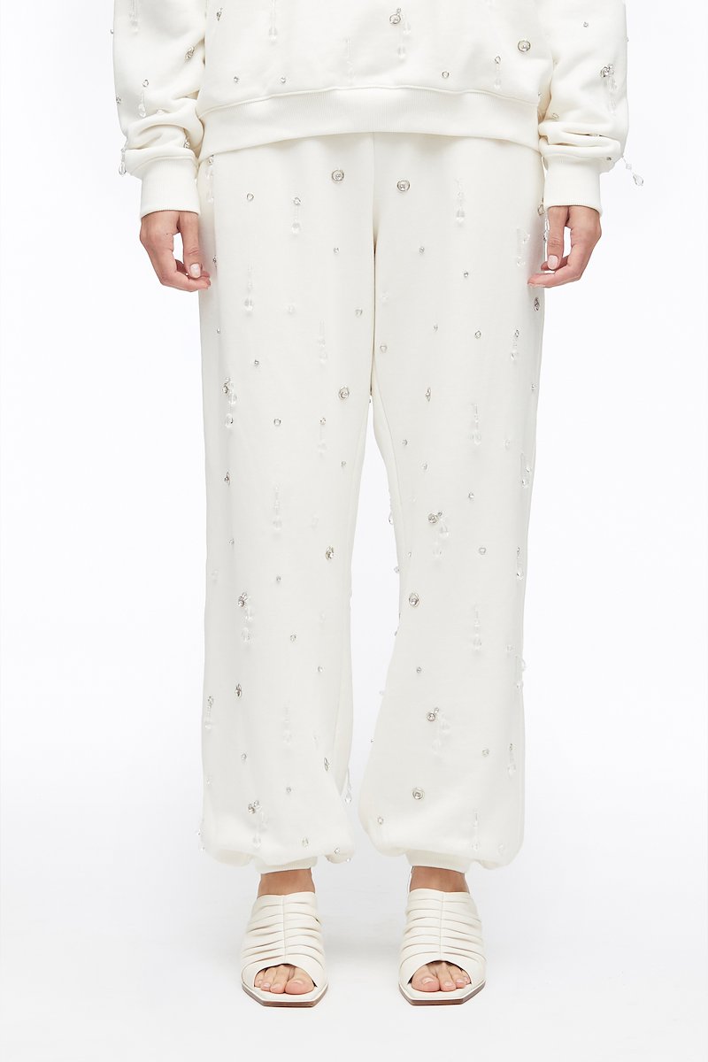 Drip Embellished Compact French Terry Sweatpant-white #1 Drip Embellished Compact French Terry Sweatpant, drop-embellished Terry track trousers from 3.1 PHILLIP LIM featuring cotton, crystal embellishment, gemstone detailing, high waist, elasticated waistband, straight leg, elasticated ankles and antique white.- 1