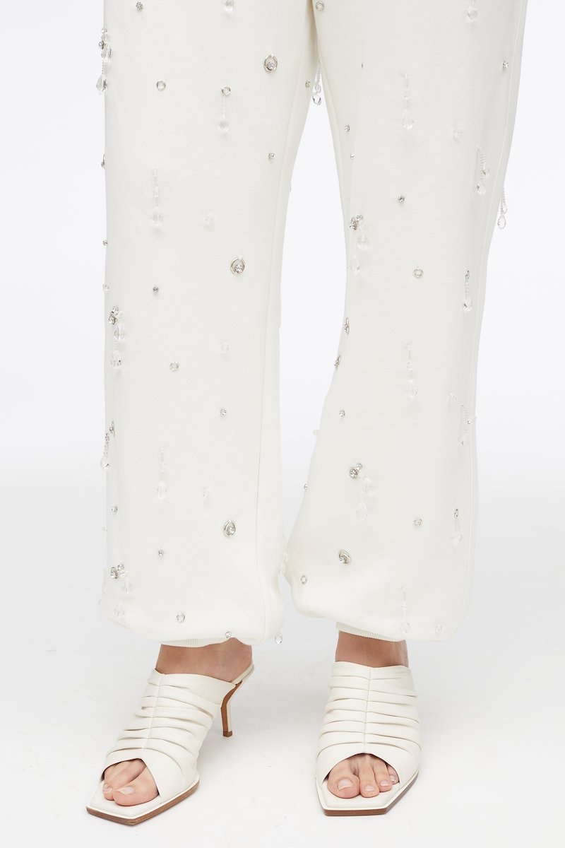 Drip Embellished Compact French Terry Sweatpant-white #0 Drip Embellished Compact French Terry Sweatpant, drop-embellished Terry track trousers from 3.1 PHILLIP LIM featuring cotton, crystal embellishment, gemstone detailing, high waist, elasticated waistband, straight leg, elasticated ankles and antique white.- 4