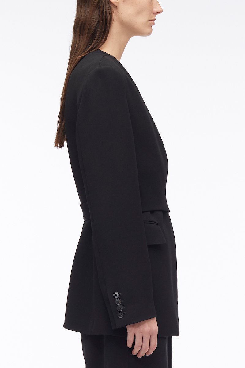Heavy Cady Wrap Blazer-black #0 Heavy Cady Wrap Blazer, heavy candy wrap blazer from 3.1 PHILLIP LIM featuring black, collarless, V-neck, wrap design, side buckle fastening, long sleeves, buttoned cuffs, two side flap pockets and central rear vent.- 2