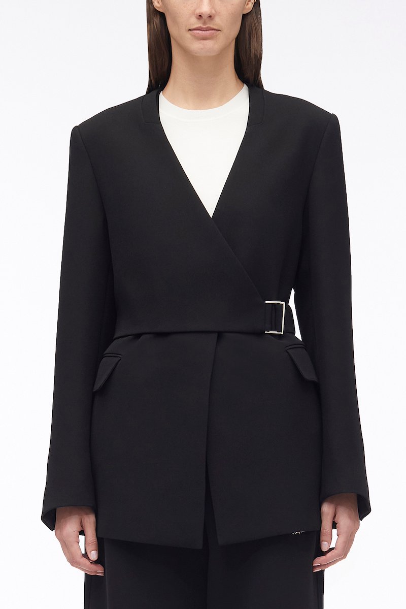 Heavy Cady Wrap Blazer-black #1 Heavy Cady Wrap Blazer, heavy candy wrap blazer from 3.1 PHILLIP LIM featuring black, collarless, V-neck, wrap design, side buckle fastening, long sleeves, buttoned cuffs, two side flap pockets and central rear vent.- 1