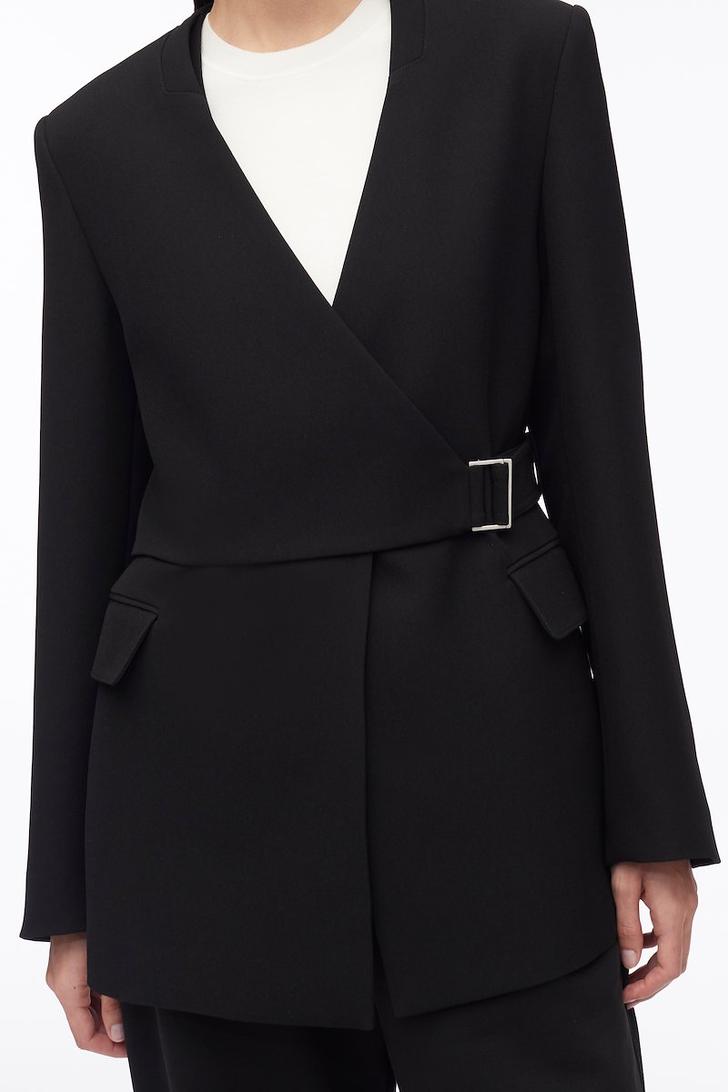 Heavy Cady Wrap Blazer-black #0 Heavy Cady Wrap Blazer, heavy candy wrap blazer from 3.1 PHILLIP LIM featuring black, collarless, V-neck, wrap design, side buckle fastening, long sleeves, buttoned cuffs, two side flap pockets and central rear vent.- 4