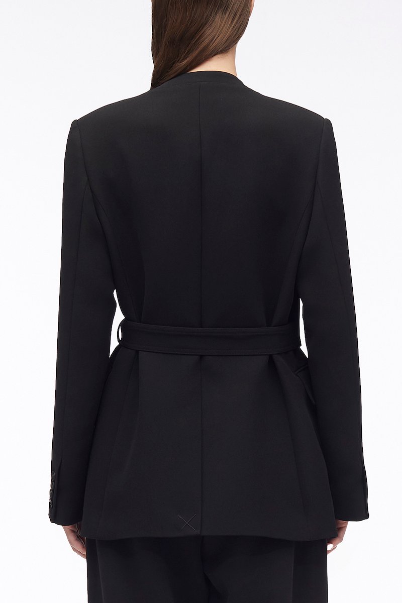 Heavy Cady Wrap Blazer-black #1 Heavy Cady Wrap Blazer, heavy candy wrap blazer from 3.1 PHILLIP LIM featuring black, collarless, V-neck, wrap design, side buckle fastening, long sleeves, buttoned cuffs, two side flap pockets and central rear vent.- 3