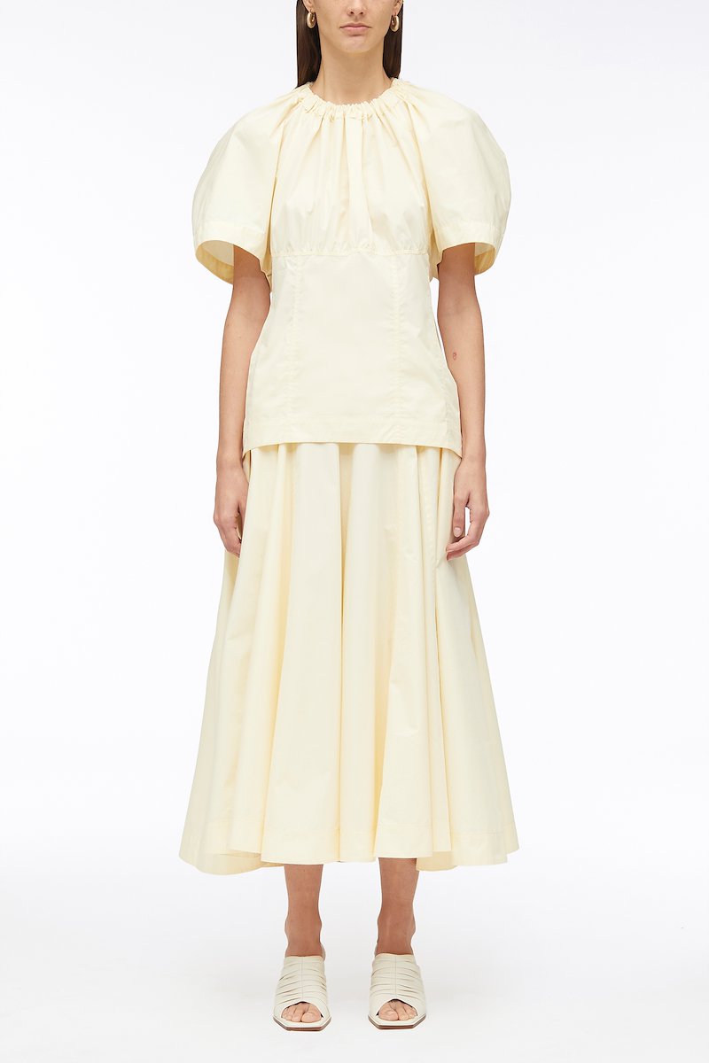Ladybug Poplin Short Sleeve Top-neutrals #0 Ladybug Poplin Short Sleeve Top, Ladybug ruched top from 3.1 PHILLIP LIM featuring cream white, cotton blend, ruched detailing, round neck, short raglan sleeves and straight hem.- 0