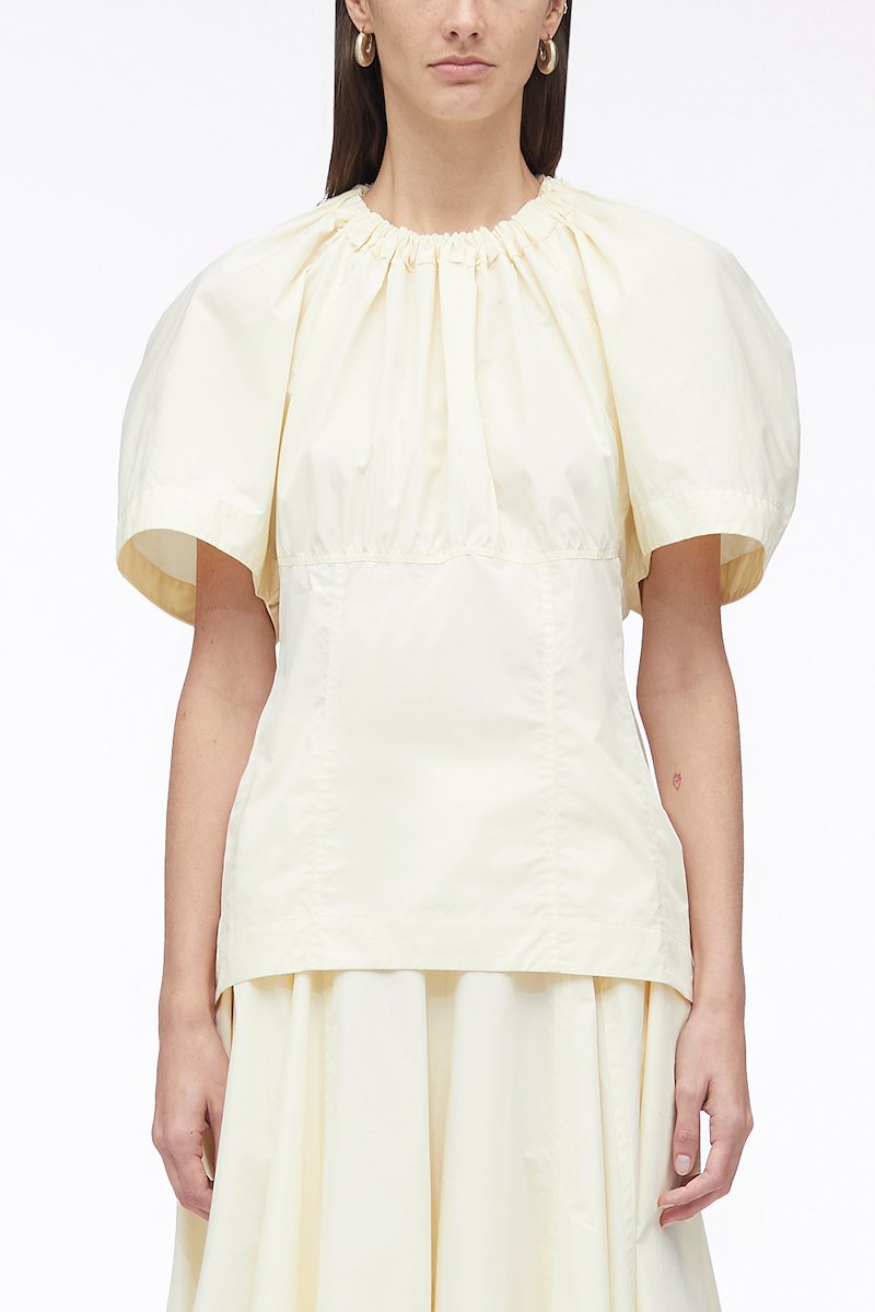 Ladybug Poplin Short Sleeve Top-neutrals #1 Ladybug Poplin Short Sleeve Top, Ladybug ruched top from 3.1 PHILLIP LIM featuring cream white, cotton blend, ruched detailing, round neck, short raglan sleeves and straight hem.- 1