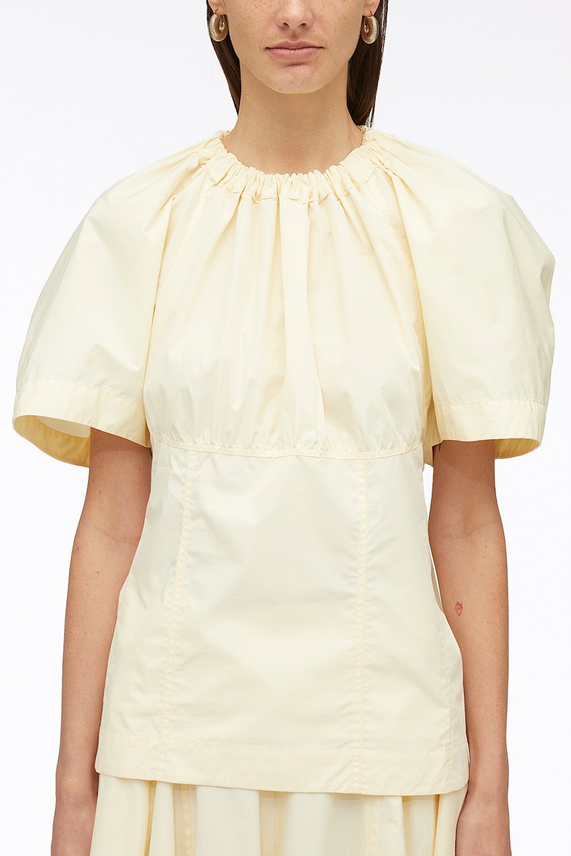 Ladybug Poplin Short Sleeve Top-neutrals #0 Ladybug Poplin Short Sleeve Top, Ladybug ruched top from 3.1 PHILLIP LIM featuring cream white, cotton blend, ruched detailing, round neck, short raglan sleeves and straight hem.- 4