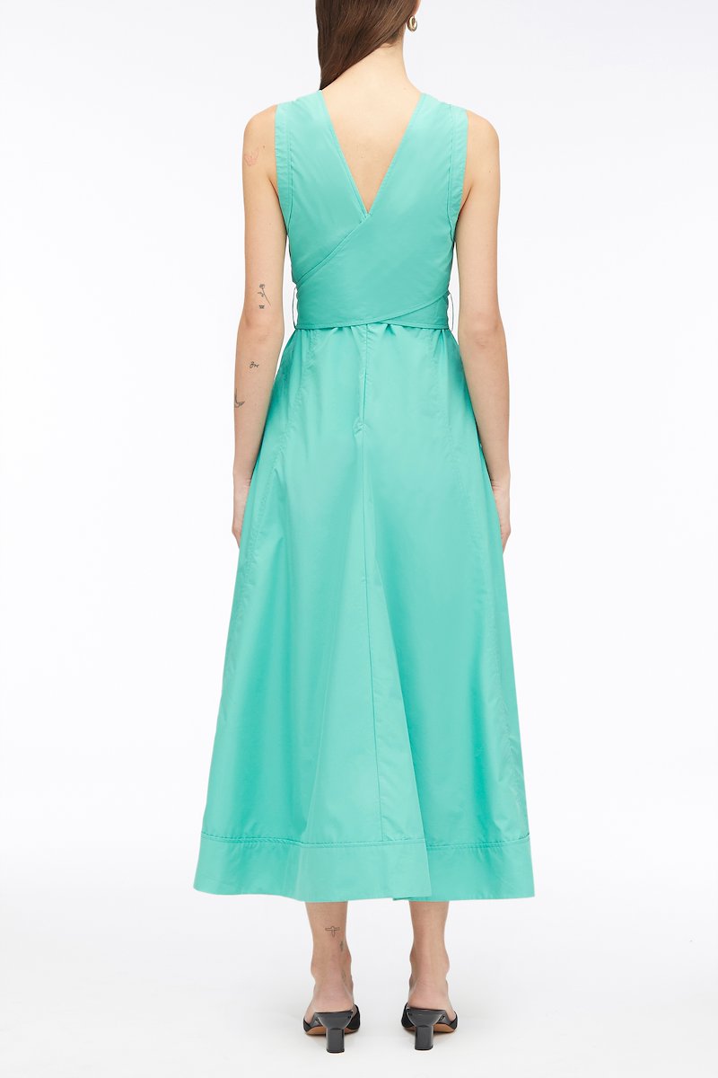 Sleeveless V-Neck Belted Poplin Midi Dress-green #0 Sleeveless V-Neck Belted Poplin Midi Dress, V-neck belted sleeveless midi dress from 3.1 PHILLIP LIM featuring jade green, cotton blend, poplin texture, V-neck, belted waist, sleeveless, flared and mid-length.- 2