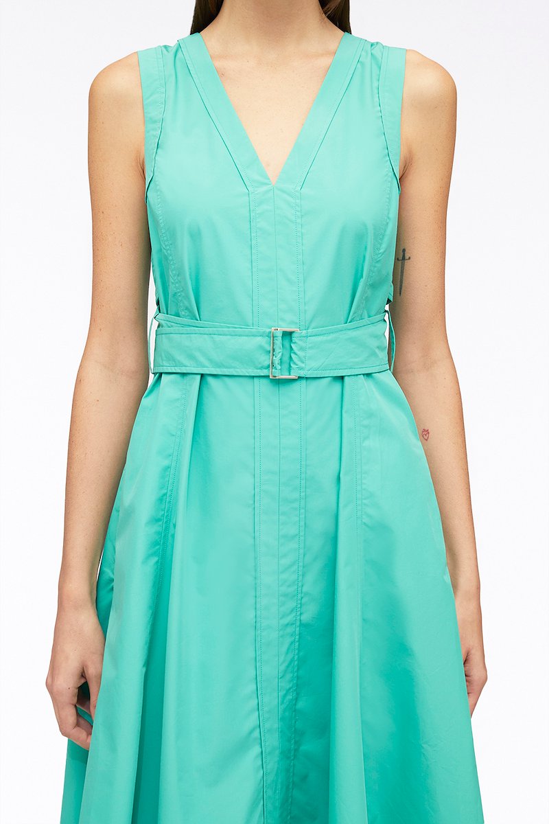 Sleeveless V-Neck Belted Poplin Midi Dress-green #1 Sleeveless V-Neck Belted Poplin Midi Dress, V-neck belted sleeveless midi dress from 3.1 PHILLIP LIM featuring jade green, cotton blend, poplin texture, V-neck, belted waist, sleeveless, flared and mid-length.- 3