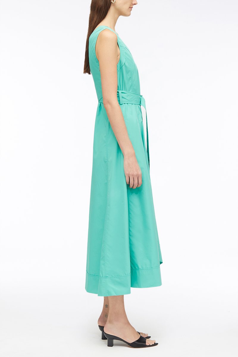 Sleeveless V-Neck Belted Poplin Midi Dress-green #1 Sleeveless V-Neck Belted Poplin Midi Dress, V-neck belted sleeveless midi dress from 3.1 PHILLIP LIM featuring jade green, cotton blend, poplin texture, V-neck, belted waist, sleeveless, flared and mid-length.- 1