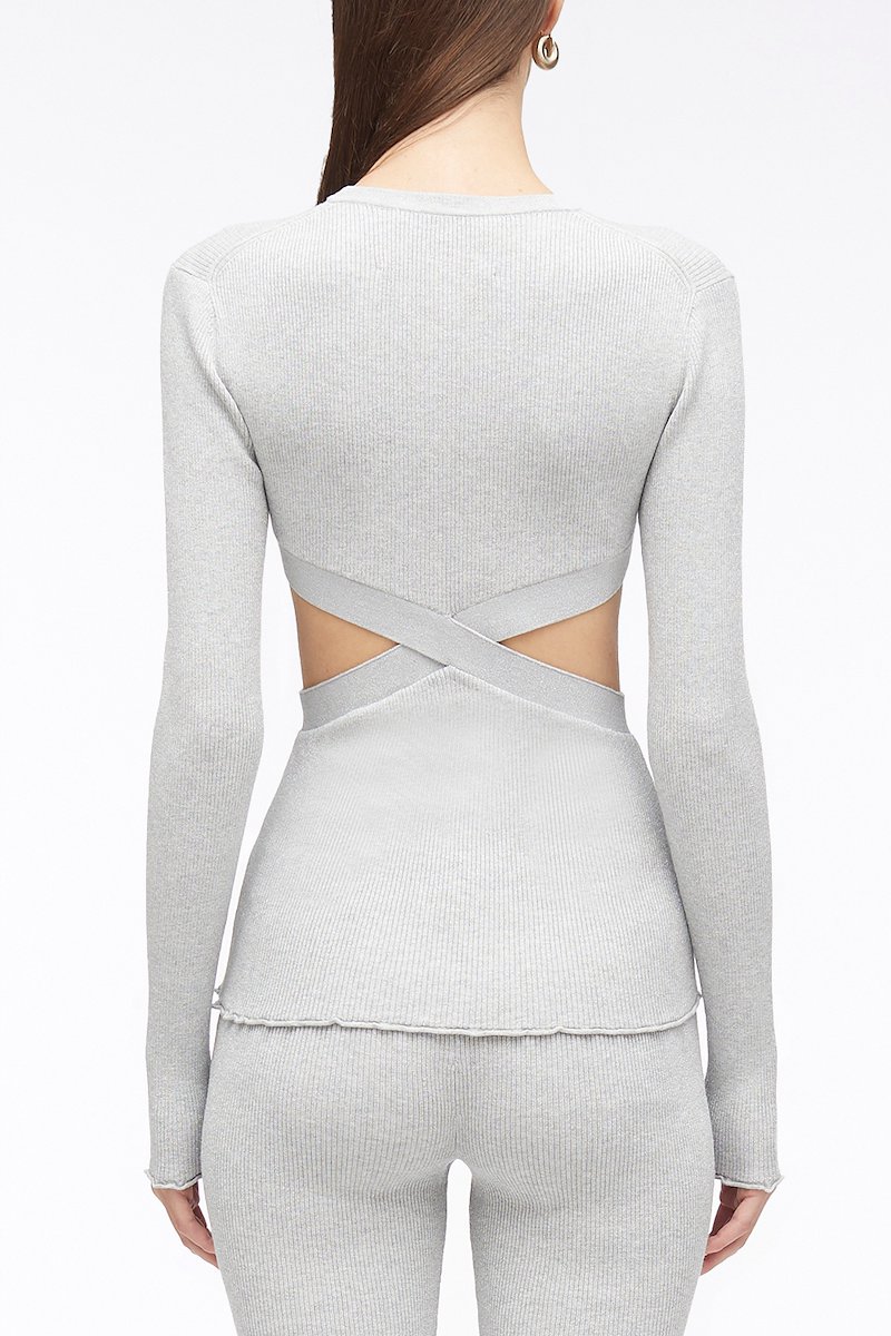 Marled Lurex Crossover Cut Out Pullover-silver #1 Marled Lurex Crossover Cut Out Pullover, cut-out ribbed jumper from 3.1 PHILLIP LIM featuring light grey, cut-out detailing, metallic threading, ribbed knit, long sleeves, round neck and scallop edge.- 3