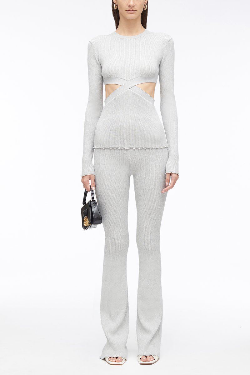 Marled Lurex Crossover Cut Out Pullover-silver #0 Marled Lurex Crossover Cut Out Pullover, cut-out ribbed jumper from 3.1 PHILLIP LIM featuring light grey, cut-out detailing, metallic threading, ribbed knit, long sleeves, round neck and scallop edge.- 0