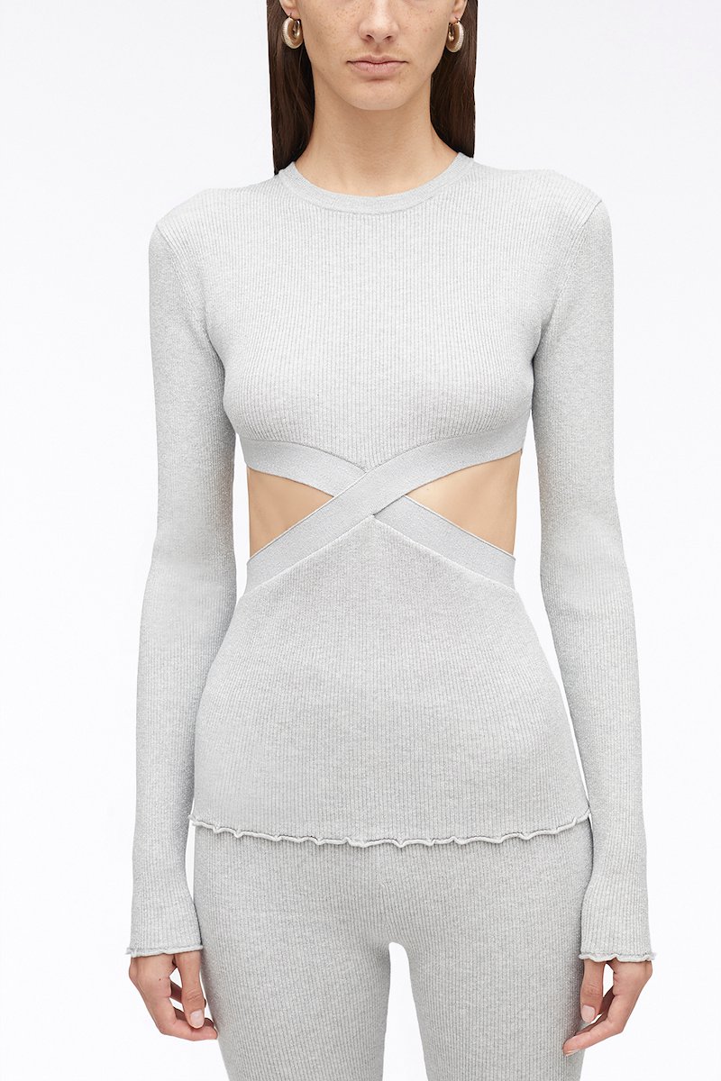 Marled Lurex Crossover Cut Out Pullover-silver #1 Marled Lurex Crossover Cut Out Pullover, cut-out ribbed jumper from 3.1 PHILLIP LIM featuring light grey, cut-out detailing, metallic threading, ribbed knit, long sleeves, round neck and scallop edge.- 1