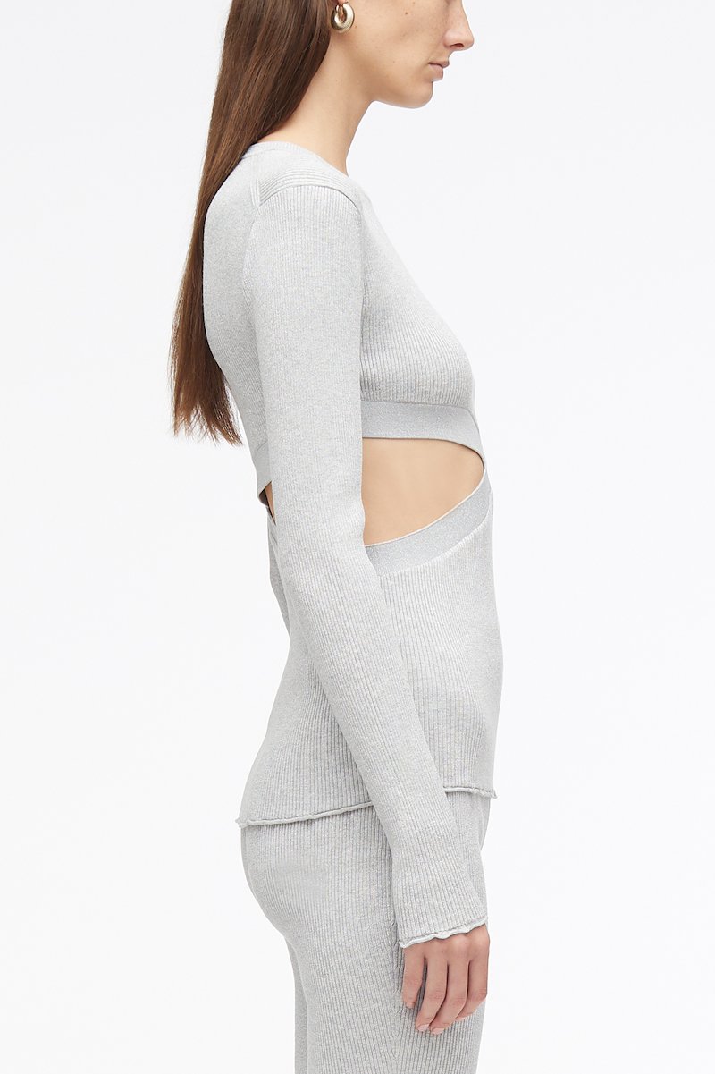 Marled Lurex Crossover Cut Out Pullover-silver #0 Marled Lurex Crossover Cut Out Pullover, cut-out ribbed jumper from 3.1 PHILLIP LIM featuring light grey, cut-out detailing, metallic threading, ribbed knit, long sleeves, round neck and scallop edge.- 2