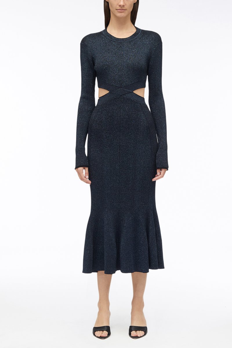 Marled Rib Godet Crossover Dress-black #0 Marled Rib Godet Crossover Dress, metallic-finish dress from 3.1 PHILLIP LIM featuring black, metallic threading, crew neck, cut-out detailing, backless, A-line skirt and mid-length.- 0