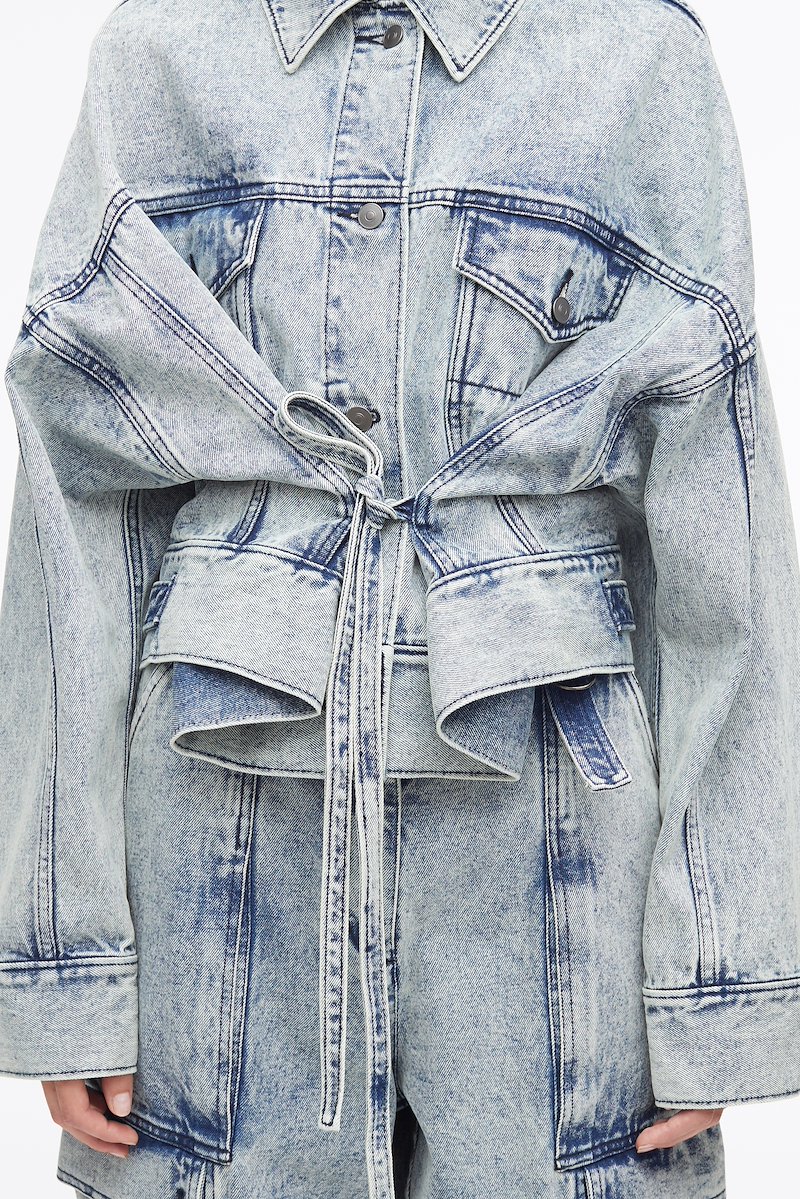 Overdyed Denim Boxy Jacket-blue #1 Overdyed Denim Boxy Jacket, over-dyed boxy denim jacket from 3.1 PHILLIP LIM featuring cotton, garment dyed, classic collar, front button fastening, two chest flap pockets, long sleeves, buttoned cuffs, tied waist, straight hem and glacier blue.- 3