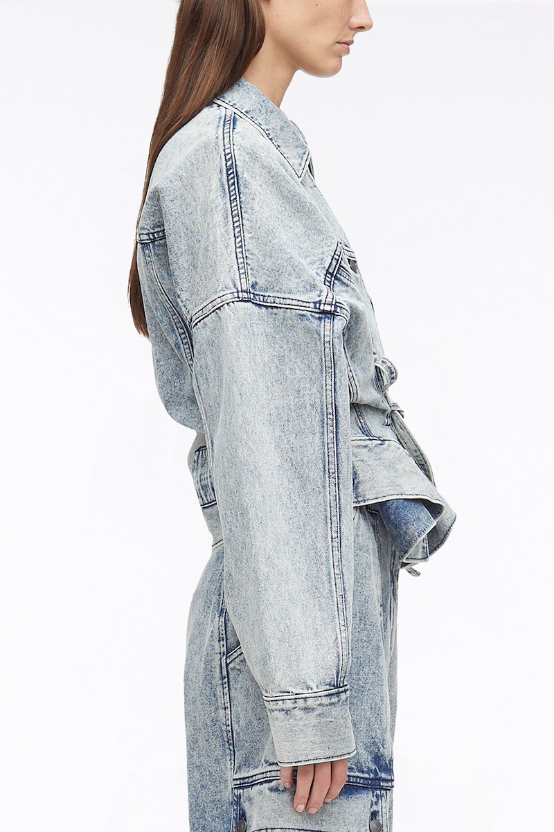 Overdyed Denim Boxy Jacket-blue #1 Overdyed Denim Boxy Jacket, over-dyed boxy denim jacket from 3.1 PHILLIP LIM featuring cotton, garment dyed, classic collar, front button fastening, two chest flap pockets, long sleeves, buttoned cuffs, tied waist, straight hem and glacier blue.- 1