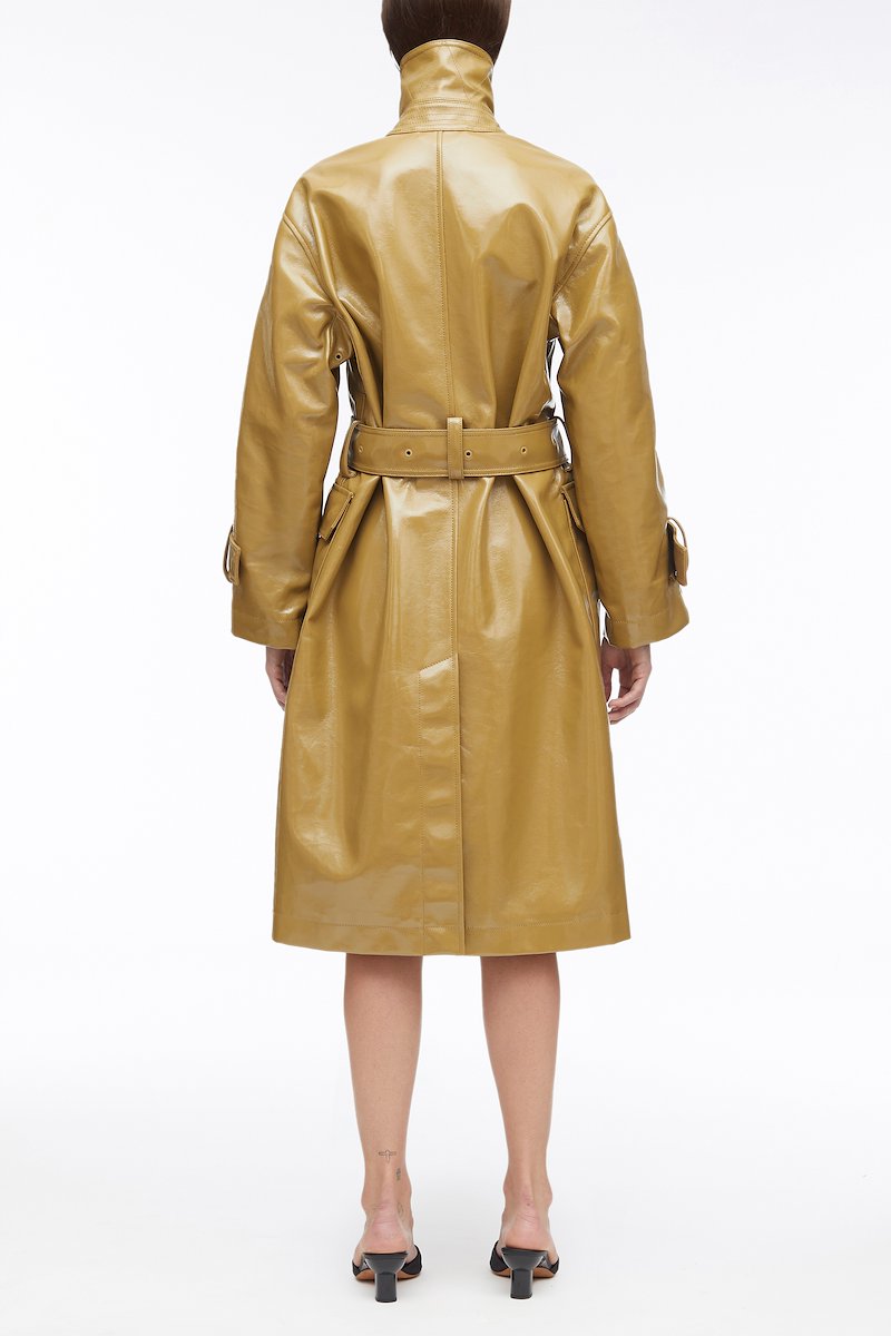 Laminated Cotton Canvas Trench-brown #0 Laminated Cotton Canvas Trench, laminated cotton canvas trench coat from 3.1 PHILLIP LIM featuring khaki, cotton, laminated finish, notched lapels, long sleeves, double-breasted button fastening, two side flap pockets, belted waist and knee-length.- 2