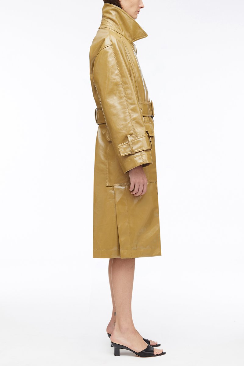Laminated Cotton Canvas Trench-brown #1 Laminated Cotton Canvas Trench, laminated cotton canvas trench coat from 3.1 PHILLIP LIM featuring khaki, cotton, laminated finish, notched lapels, long sleeves, double-breasted button fastening, two side flap pockets, belted waist and knee-length.- 1