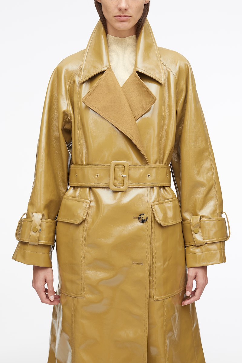 Laminated Cotton Canvas Trench-brown #1 Laminated Cotton Canvas Trench, laminated cotton canvas trench coat from 3.1 PHILLIP LIM featuring khaki, cotton, laminated finish, notched lapels, long sleeves, double-breasted button fastening, two side flap pockets, belted waist and knee-length.- 3