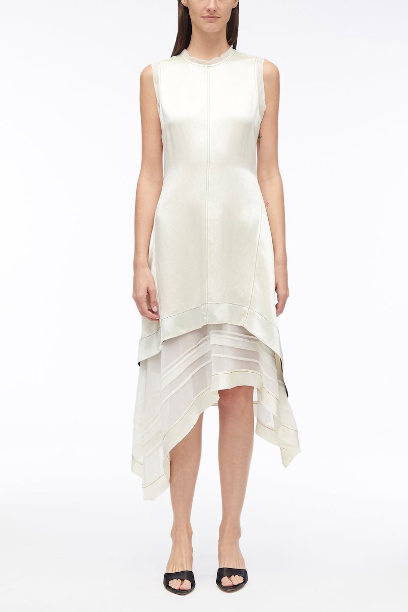 Asymmetric Hem Sleeveless Satin Combo Dress-white #0 Asymmetric Hem Sleeveless Satin Combo Dress, asymmetric satin mid dress from 3.1 PHILLIP LIM featuring cream white, satin weave, layered design, contrast stitching, crew neck, sleeveless, asymmetric hem and below-knee length.- 0