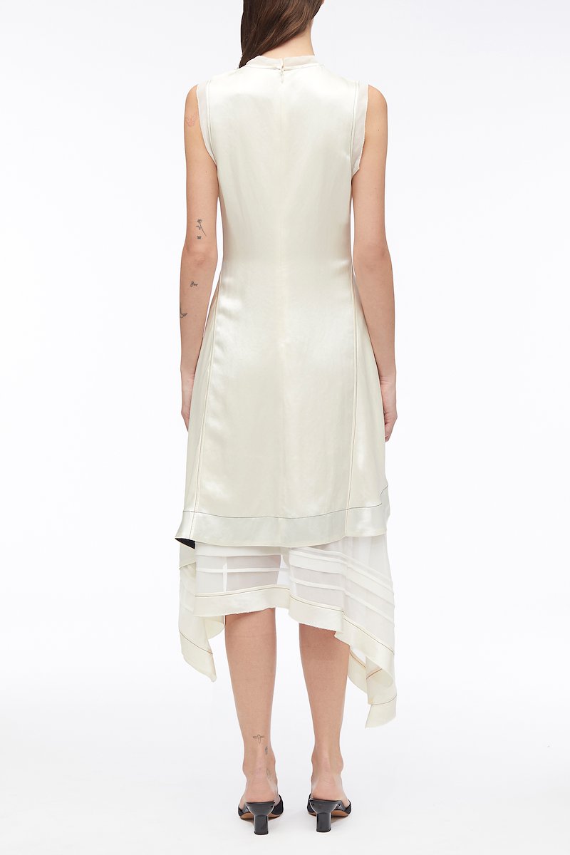 Asymmetric Hem Sleeveless Satin Combo Dress-white #0 Asymmetric Hem Sleeveless Satin Combo Dress, asymmetric satin mid dress from 3.1 PHILLIP LIM featuring cream white, satin weave, layered design, contrast stitching, crew neck, sleeveless, asymmetric hem and below-knee length.- 2