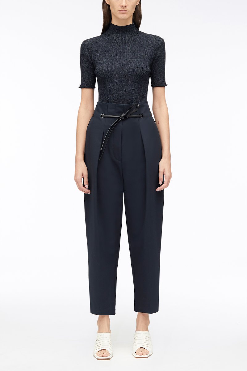 Cotton Utility Twill Origami Pant-blue #0 Cotton Utility Twill Origami Pant, drawstring high-waisted trousers from 3.1 PHILLIP LIM featuring navy blue, drawstring fastening, pleat detailing, high-waisted, two diagonal pockets to the sides, cropped leg and cotton.- 0