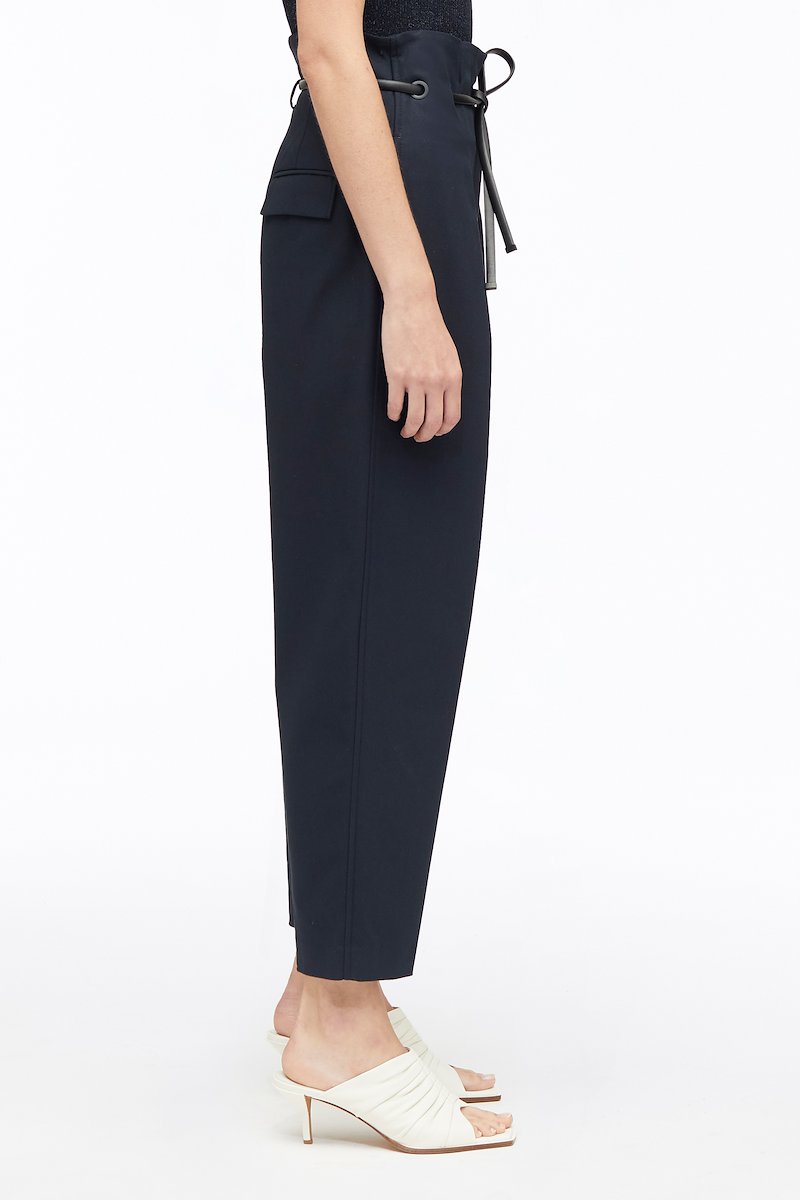 Cotton Utility Twill Origami Pant-blue #0 Cotton Utility Twill Origami Pant, drawstring high-waisted trousers from 3.1 PHILLIP LIM featuring navy blue, drawstring fastening, pleat detailing, high-waisted, two diagonal pockets to the sides, cropped leg and cotton.- 2