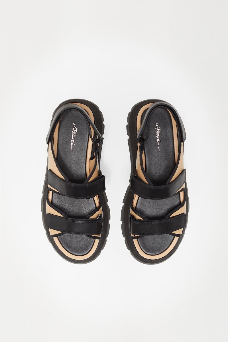 Kate Lug Sole Dad Sandal, Kate lug sole sandals from 3.1 PHILLIP LIM featuring camel brown, black, calf leather, ankle touch-strap fastening and chunky rubber lug sole.- 1