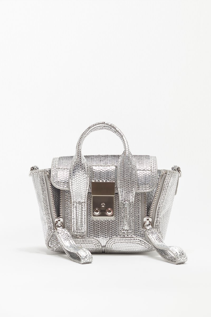 Pashli Nano Satchel-silver #0 Pashli Nano Satchel, Pashli Nano satchel bag from 3.1 PHILLIP LIM featuring silver, metallic effect, textured finish, engraved logo, silver-tone hardware, adjustable detachable shoulder strap, two top handles, foldover top, push-lock fastening and main compartment.- 0