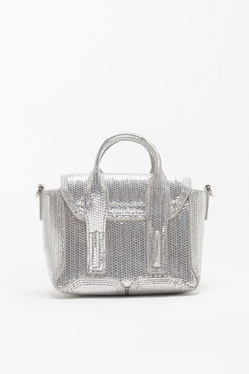 Pashli Nano Satchel-silver #1 Pashli Nano Satchel, Pashli Nano satchel bag from 3.1 PHILLIP LIM featuring silver, metallic effect, textured finish, engraved logo, silver-tone hardware, adjustable detachable shoulder strap, two top handles, foldover top, push-lock fastening and main compartment.- 1