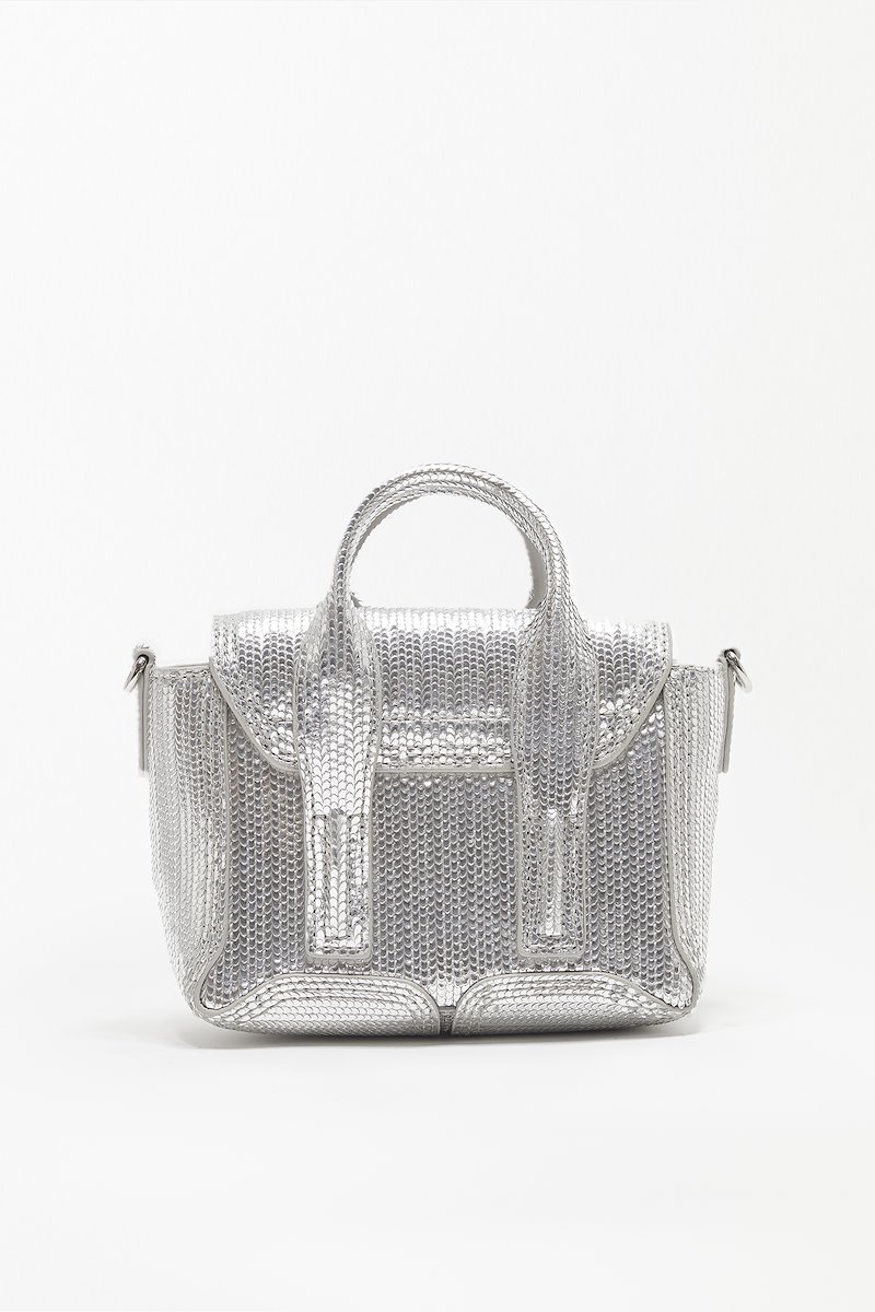 Pashli Nano Satchel-silver #1 Pashli Nano Satchel, Pashli Nano satchel bag from 3.1 PHILLIP LIM featuring silver, metallic effect, textured finish, engraved logo, silver-tone hardware, adjustable detachable shoulder strap, two top handles, foldover top, push-lock fastening and main compartment.- 1