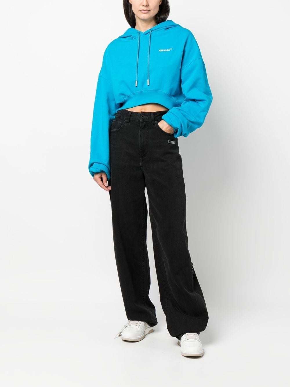 Shop Off-white Cropped Logo-print Hoodie In Blue