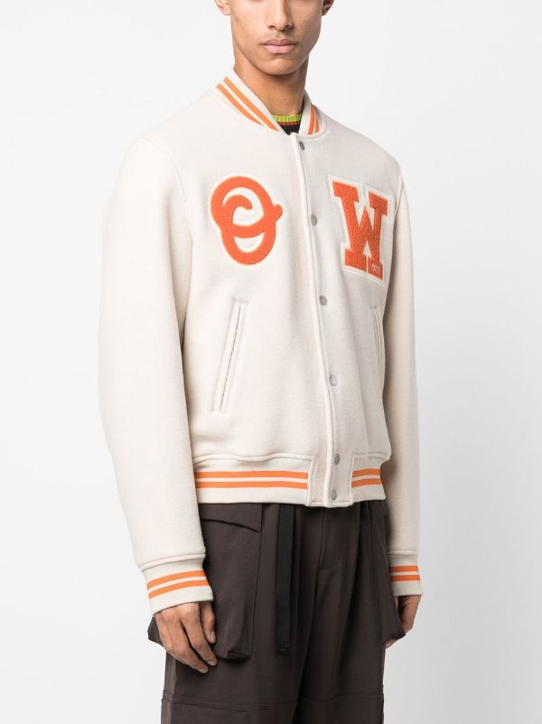 Wool/Leather Full-Snap Off-White Logo-Patch Varsity Jacket
