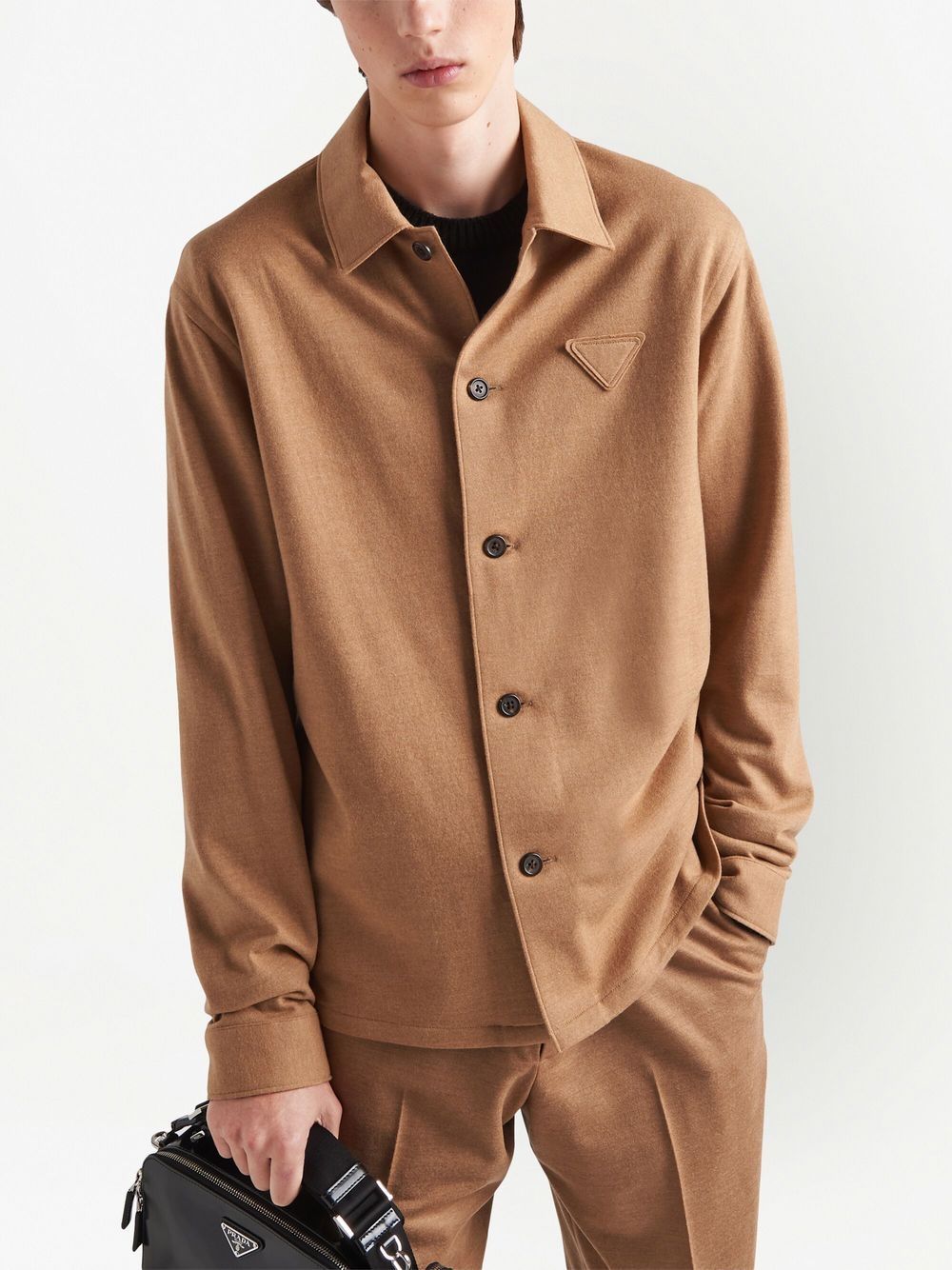 Shop Prada Logo-patch Long-sleeve Shirt In Brown