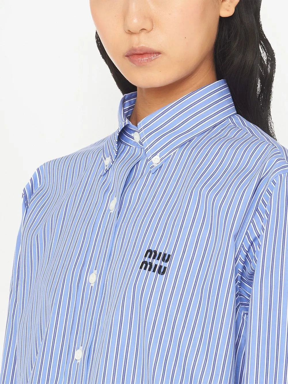 Shop Miu Miu Striped Cropped Shirt In Blue