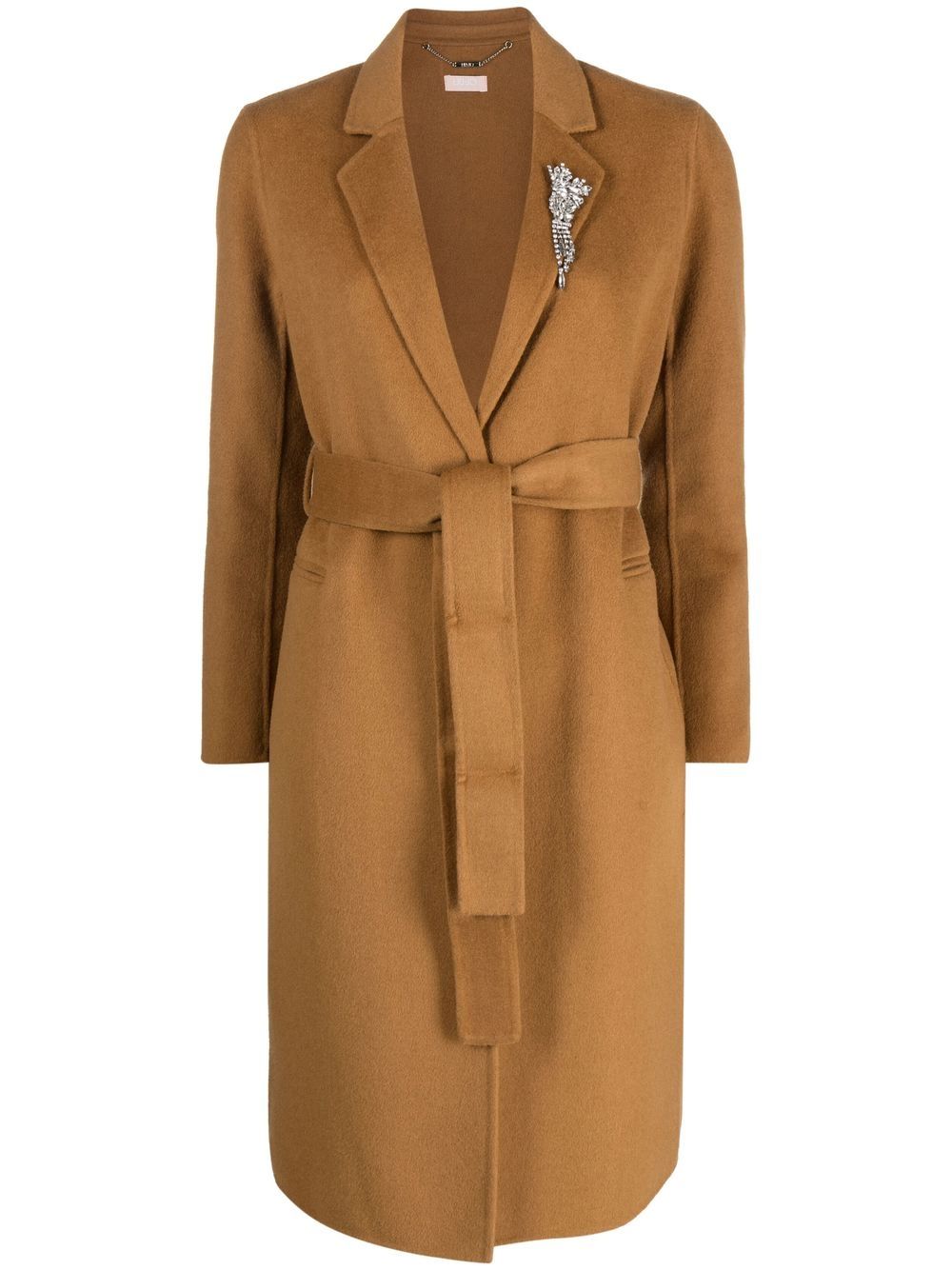 

LIU JO crystal-embellished brooch belted coat - Brown