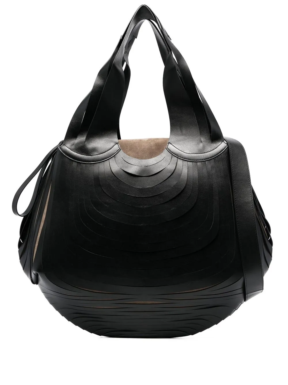 Calicanto Curved Fringed Leather Tote Bag In Black