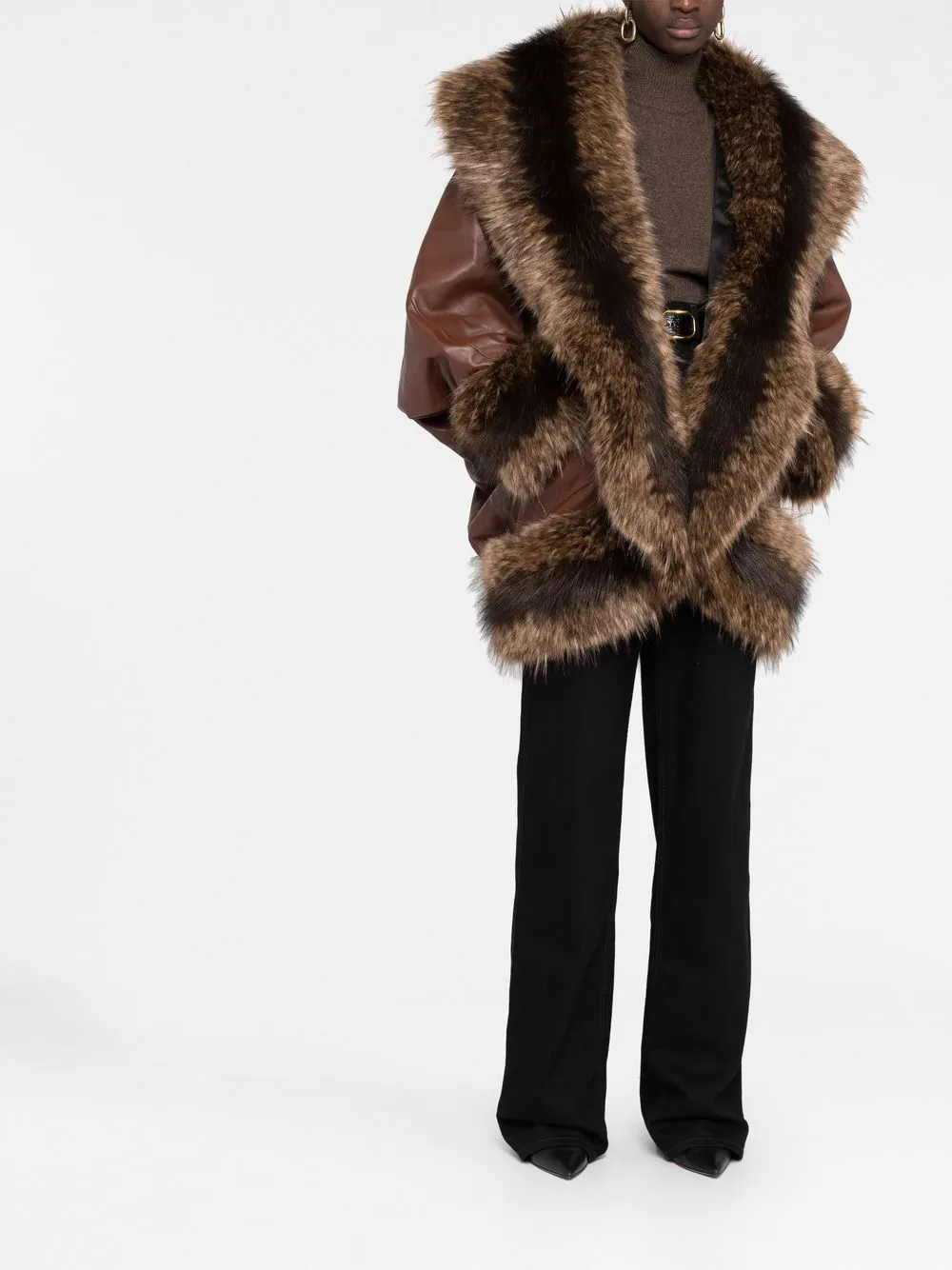 saint laurent faux-fur trim oversize coat - brown