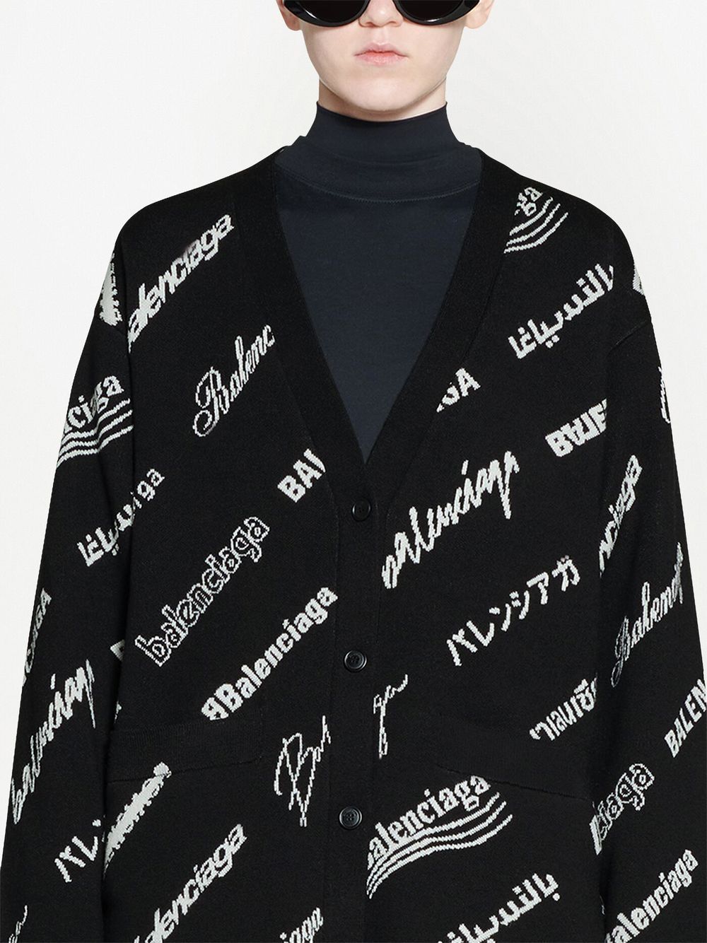Shop Balenciaga Intarsia Knit All-over Logo Cardigan In Black