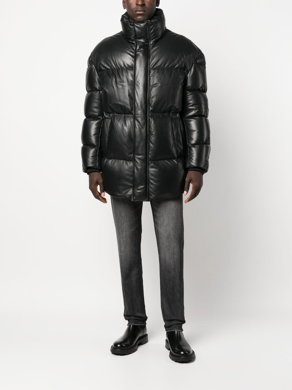 Shop Emporio Armani Leather Padded Down Coat In Black