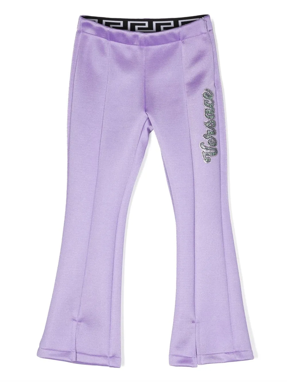 Versace Kids' Crystal Embellishment-logo Flare Trousers In Purple