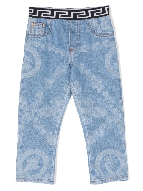 Versace Kids Greca.print waistband jeans