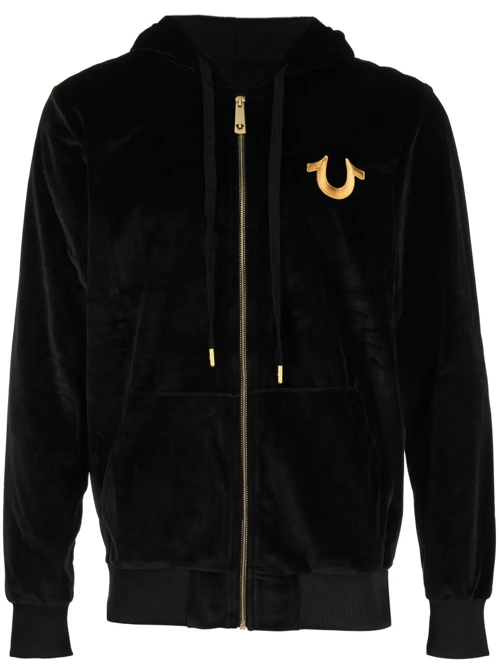 True Religion logo print Velour Zipped Hoodie Farfetch