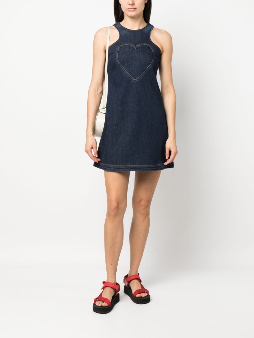 Shop Love Moschino Heart-motif Flared Denim Dress In Blue