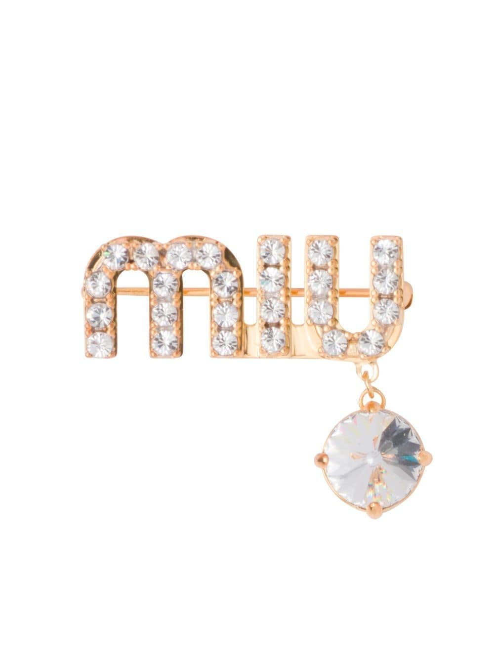 Miu Miu Crystal-embellished Logo Brooch In Gold
