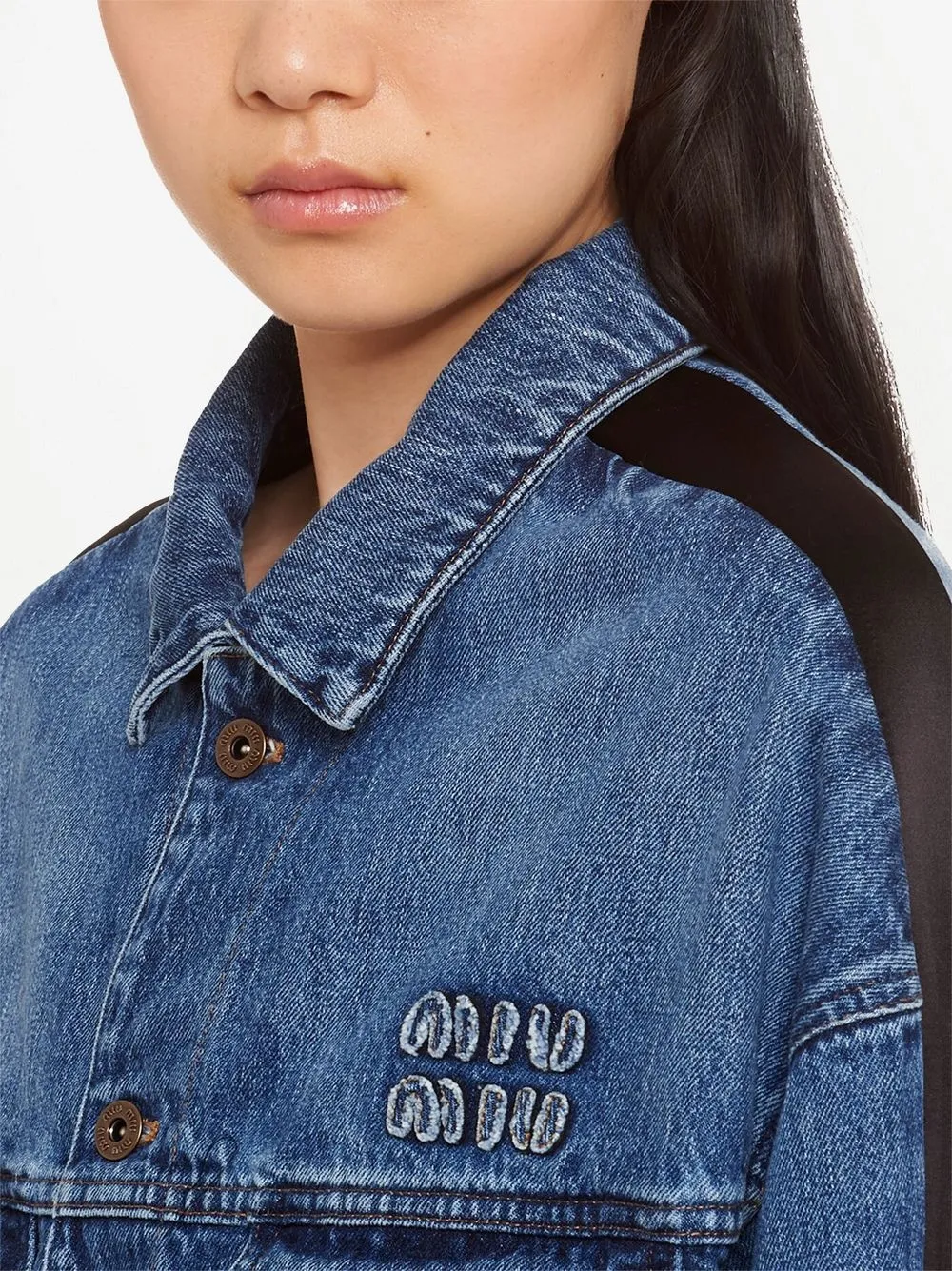 Shop Miu Miu Logo-patch Denim Jacket In Blau