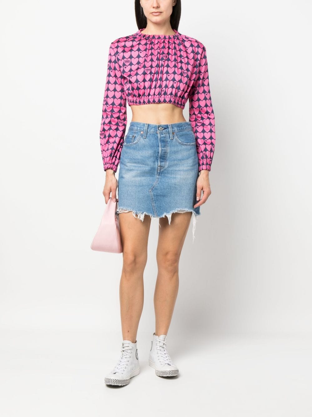 Shop Love Moschino Heart-print Cropped Blouse In Pink