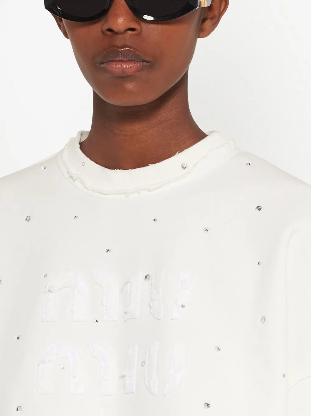 Shop Miu Miu Crystal-embellished Distressed Sweatshirt In White