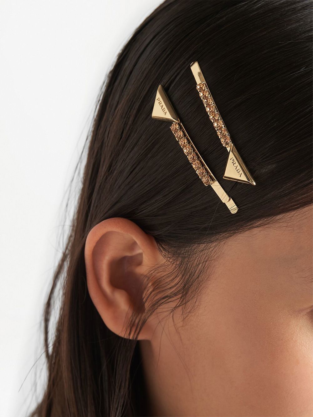 Shop Prada Crystal-embellished Hair Clips (set Of Two) In Gold