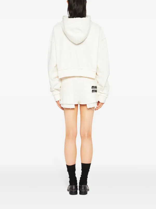 Miu Miu logo-embroidered Distressed Cotton Track Shorts